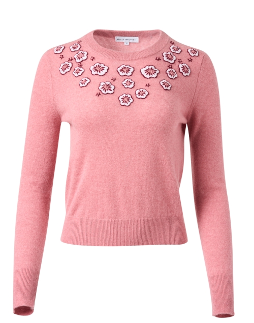 White + Warren Pink Floral Embroidered Cashmere Sweater