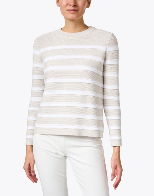 Front image - Kinross - Beige and White Cotton Garter Stitch Stripe Sweater