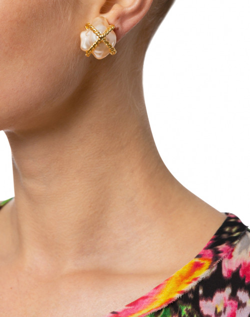 Gold Braided X Pearl Clip Earrings