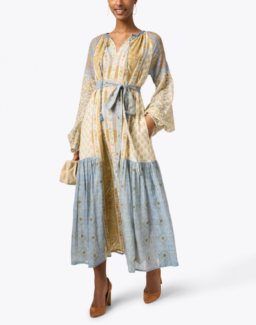 Amrita Blue & Yellow Floral Print Cotton Khadi Maxi Dress