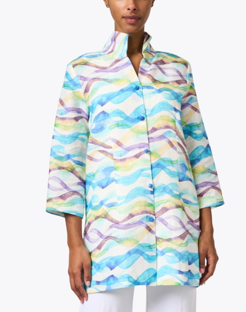 Front image - Connie Roberson - Rita Blue and Green Wave Print Linen Jacket