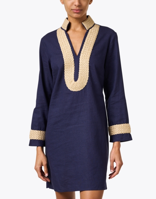 Front image - Sail to Sable - Navy and Gold Linen Tunic Dress
