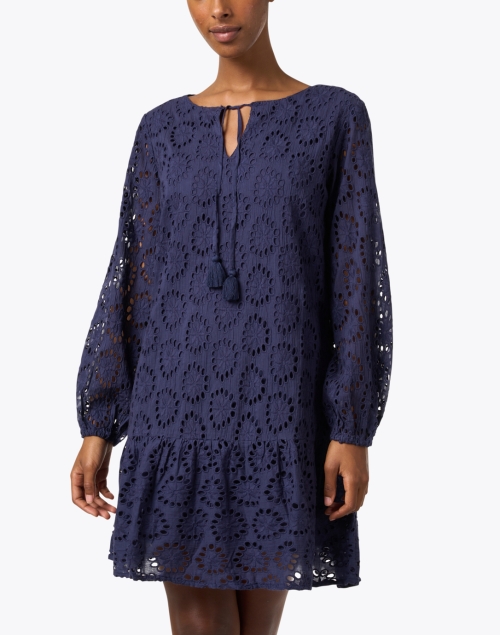 Front image - Sail to Sable - Navy Floral Eyelet Cotton Dress