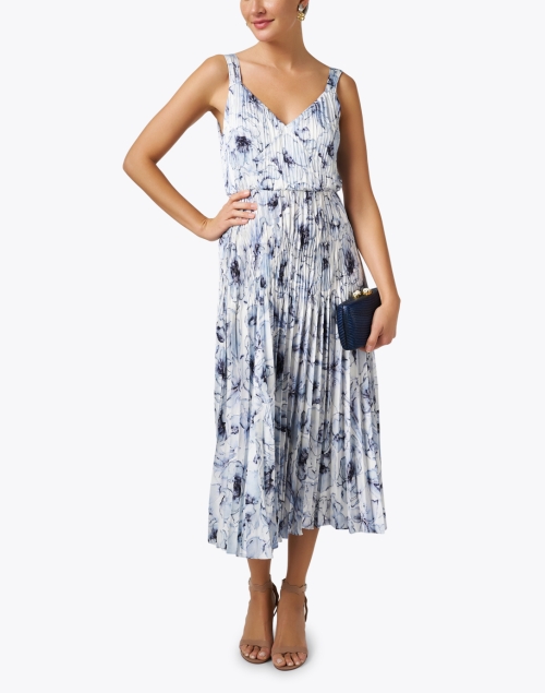 White and Blue Floral Pleated Dress