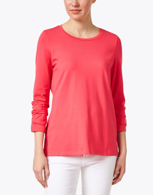 Front image - E.L.I. - Coral Pink Pima Cotton Ruched Sleeve Tee