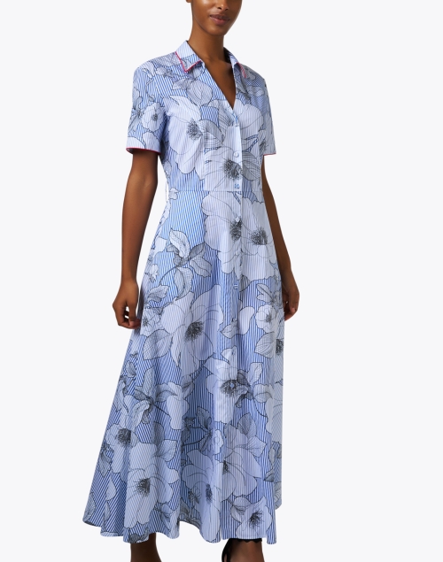 Front image - Purotatto - Blue Floral Striped Cotton Shirt Dress 