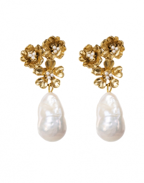 Oscar de la Renta - Gold Flower with Pearl Pendant Drop Earrings