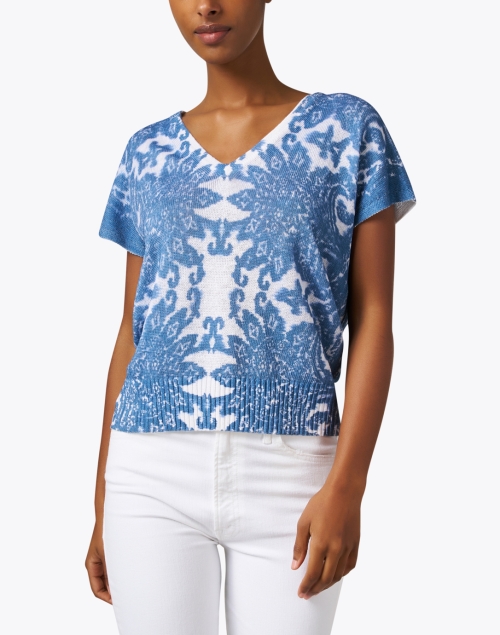 Front image - Kinross - Blue and White Print Linen Sweater