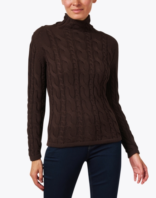 Front image - Blue - Brown Cotton Cable Sweater