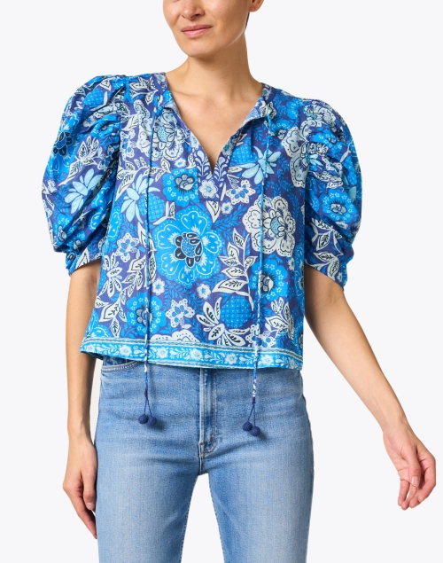 Front image - Farm Rio - Blue Floral Print Cotton Top