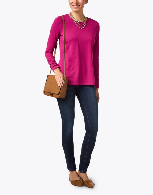 Magenta Pima Cotton Ruched Sleeve Top