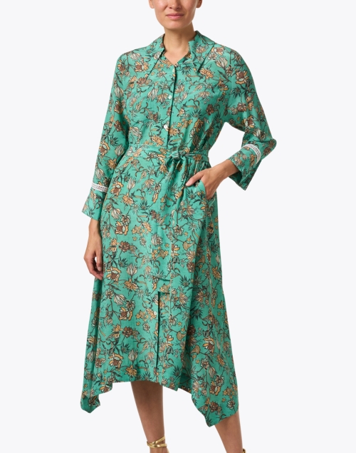 Front image - Chufy - Ella Green Floral Silk Shirt Dress
