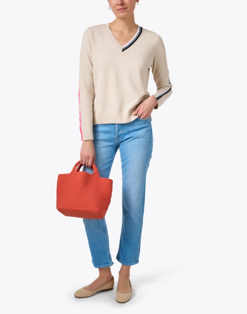 Beige Contrast Stripe Cotton Sweater
