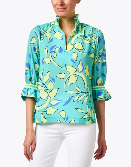 Front image - Gretchen Scott - Turquoise Floral Printed Ruffle Tunic