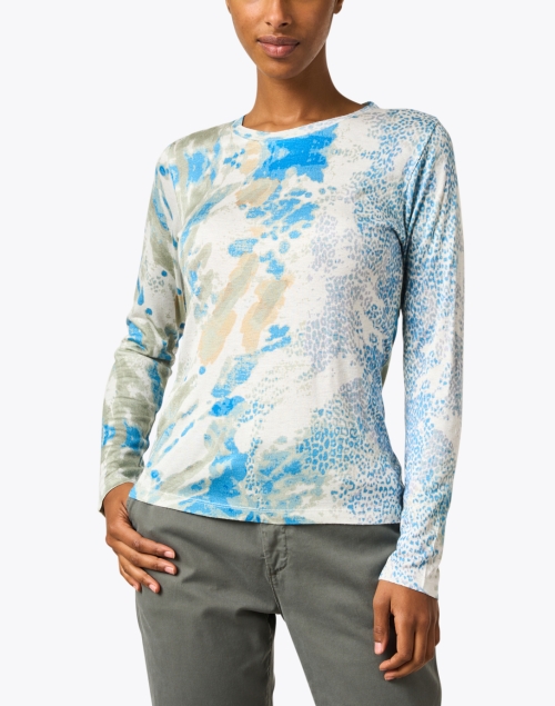 Front image - Pashma - Blue and White Animal Print Cashmere Silk Sweater