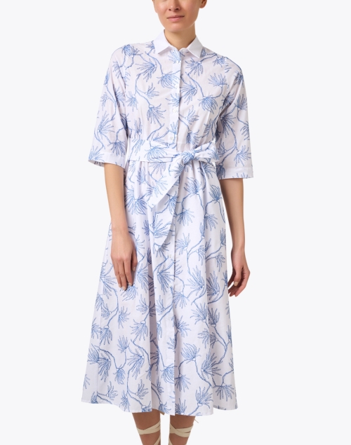 Front image - WHY CI - White and Blue Embroidered Shirt Dress