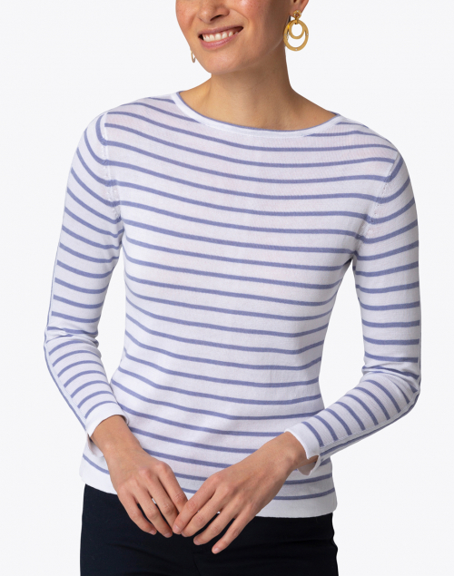 Blue - White and Purple Fine Stripe Cotton Sweater