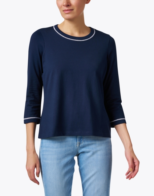 Front image - E.L.I. - Navy and White Stitch Cotton Top
