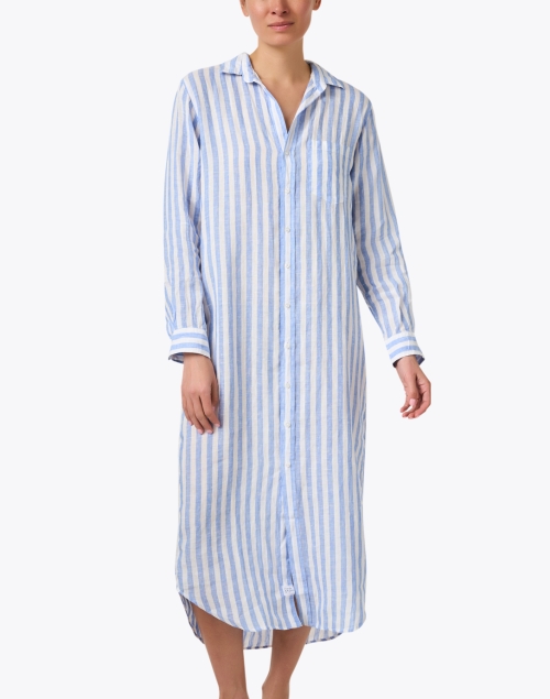 Front image - Frank & Eileen - Rory Blue and White Stripe Linen Shirt Dress