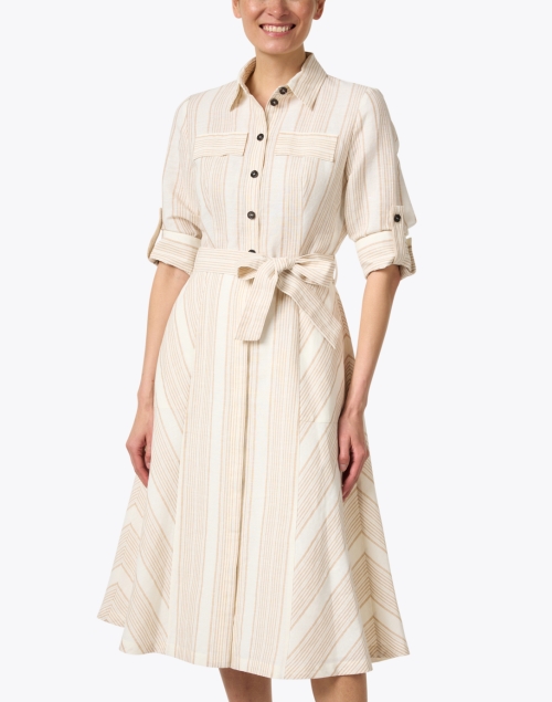 Front image - Marc Cain - Cream Stripe Linen Midi Dress