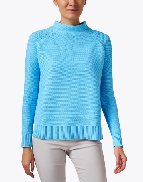 Front image - Kinross - Pool Blue Garter Stitch Cotton Sweater