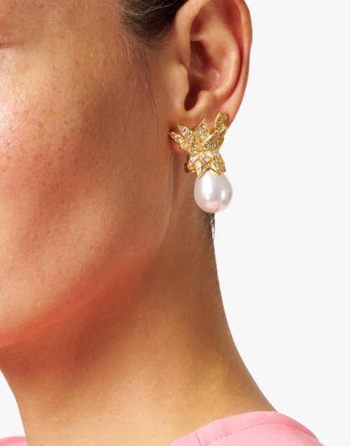 White Pear Pearl with Gold Crystal Crown Clip-On Earrings