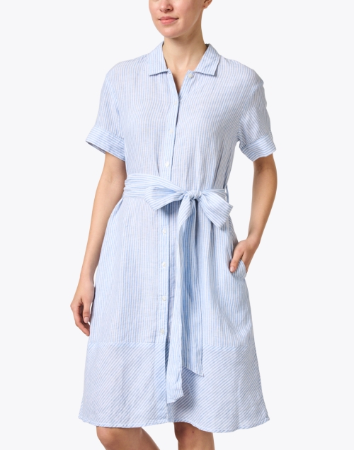 Front image - Saint James - Christina Blue and White Striped Linen Shirt Dress