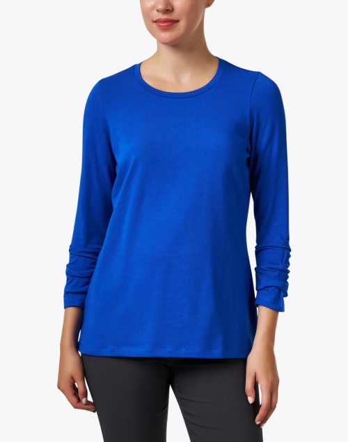 Front image - E.L.I. -  Electric Blue Pima Cotton Ruched Sleeve Tee