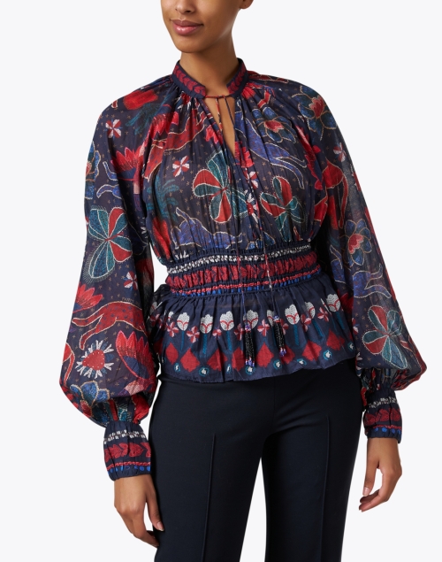 Front image - Farm Rio - Red and Blue Multi Print Cotton Top