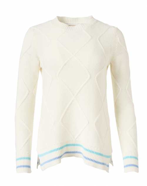 Sail to Sable - White Cable Knit Sweater with Blue Trim Detail