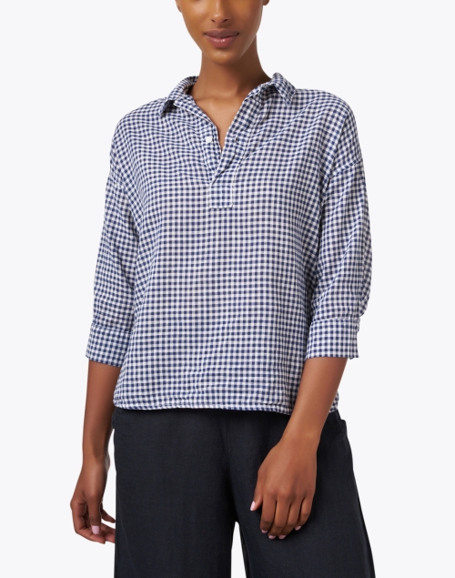 Front image - CP Shades - Gigi Navy Gingham Linen Henley Top