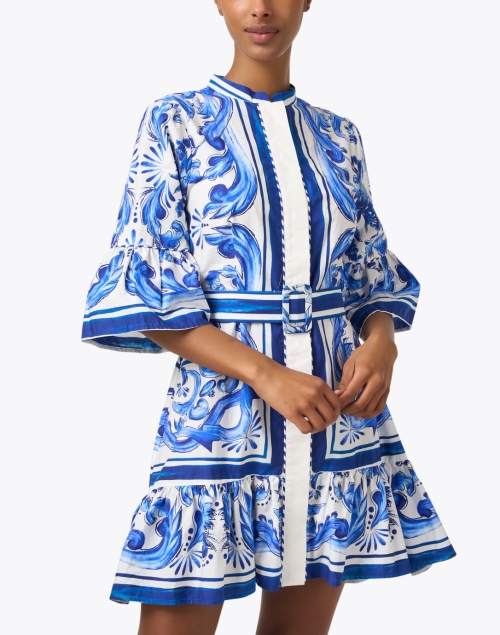 Front image - Farm Rio - Blue and White Tile Print Shirt Dress