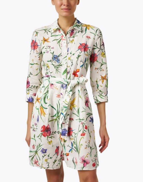 Front image - 120% Lino - White Floral Print Linen Shirt Dress 