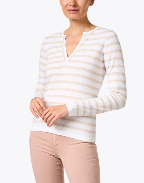 Front image - Kinross - White and Beige Striped Cotton Cashmere Sweater