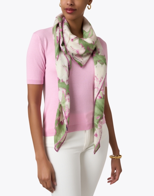 Pink Floral Print Wool Cashmere Silk Scarf