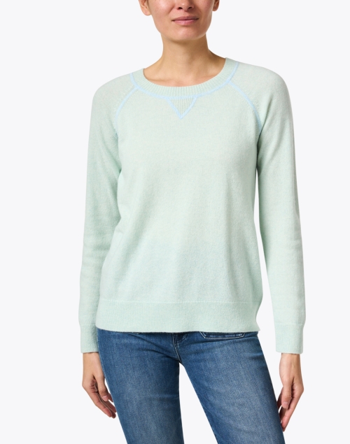 Front image - Kinross - Mint Green Cashmere Contrast Stitch Sweatshirt
