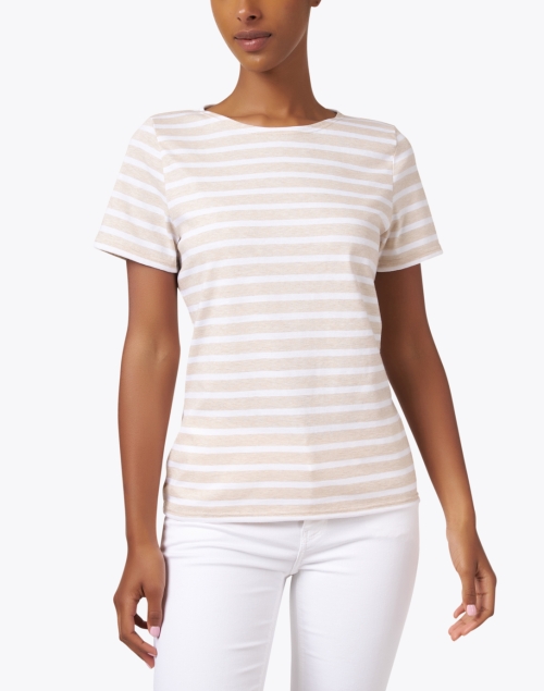 Front image - Saint James - Etrille Beige and White Striped Cotton Tee