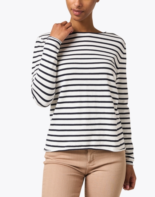 Front image - Allude - Navy and White Stripe Cotton Cashmere Sweater