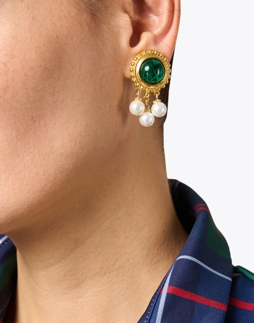 Green and Gold Pearl Drop Clip Earrings