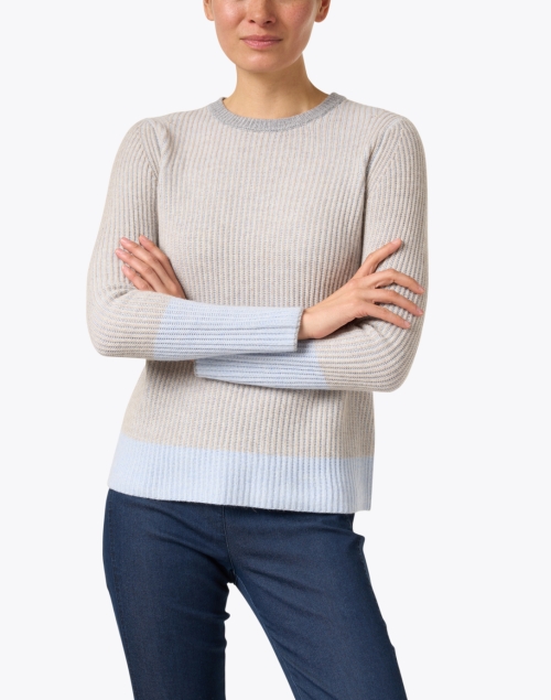 Front image - Kinross - Sky Grey and Blue Multi Cashmere Sweater