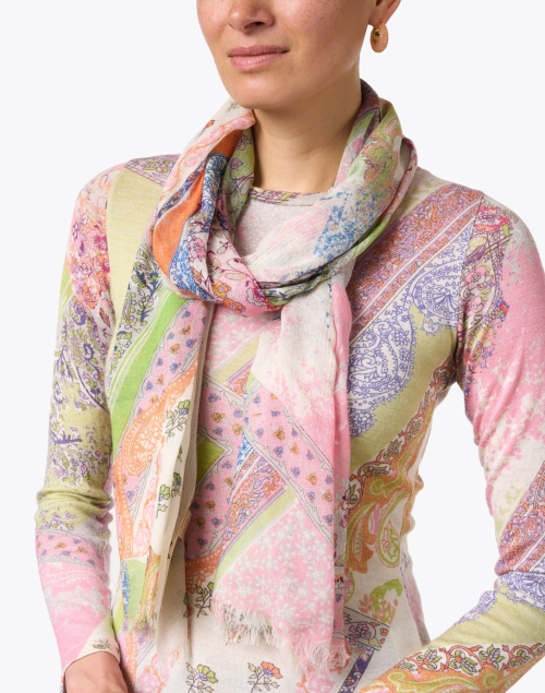 Pink and Green Paisley Print Cashmere Scarf