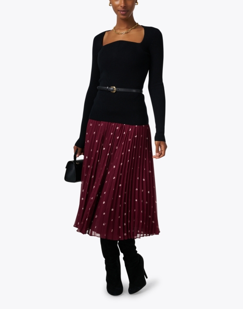 Burgundy Dot Print Pleated Skirt
