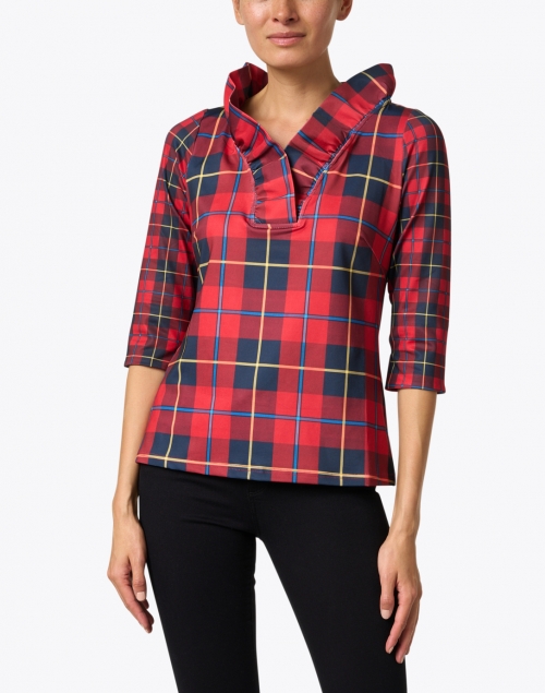 Front image - Gretchen Scott - Plaidly Red Plaid Ruffle Neck Top