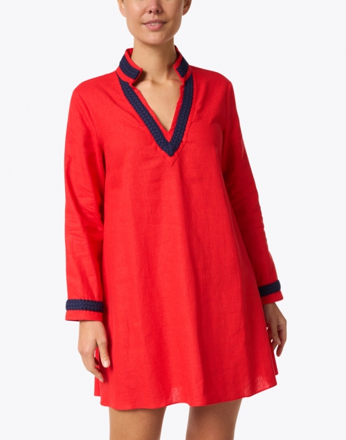 Front image - Sail to Sable - Red with Navy Trim Tunic Dress
