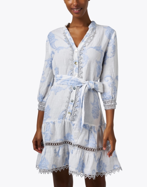 Front image - Temptation Positano - Tokyo White and Blue Embroidered Linen Dress
