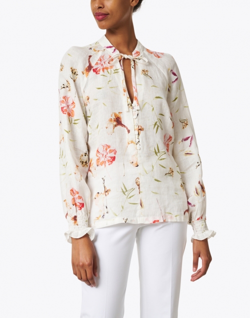 120% Lino - Red Floral Print Linen Popover Top