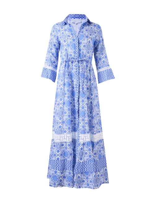 Lete Blue Print Embroidered Linen Dress