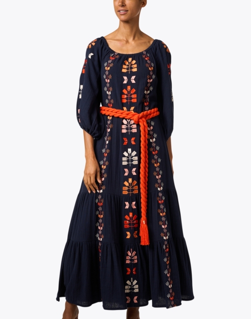 Front image - Figue - Senna Navy Multi Embroidered Cotton Dress