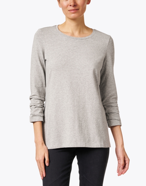 Front image - E.L.I. - Heather Grey Pima Cotton Ruched Sleeve Tee