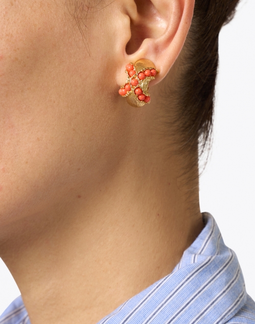 Gold and Coral Clip-On Earrings